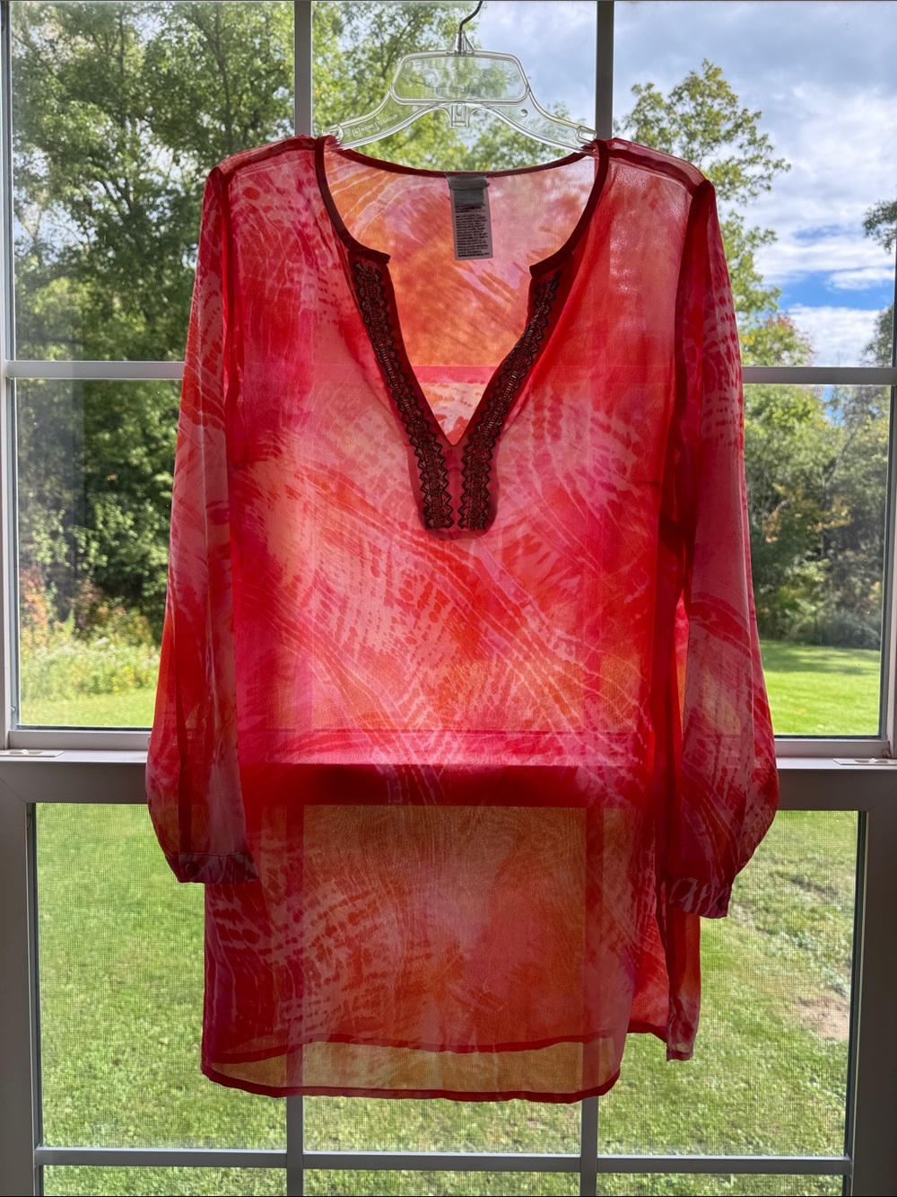 Chico's Sheer Red-Orange and Pink V-Neck Blouse. Women’s Size 3, US 16/18.